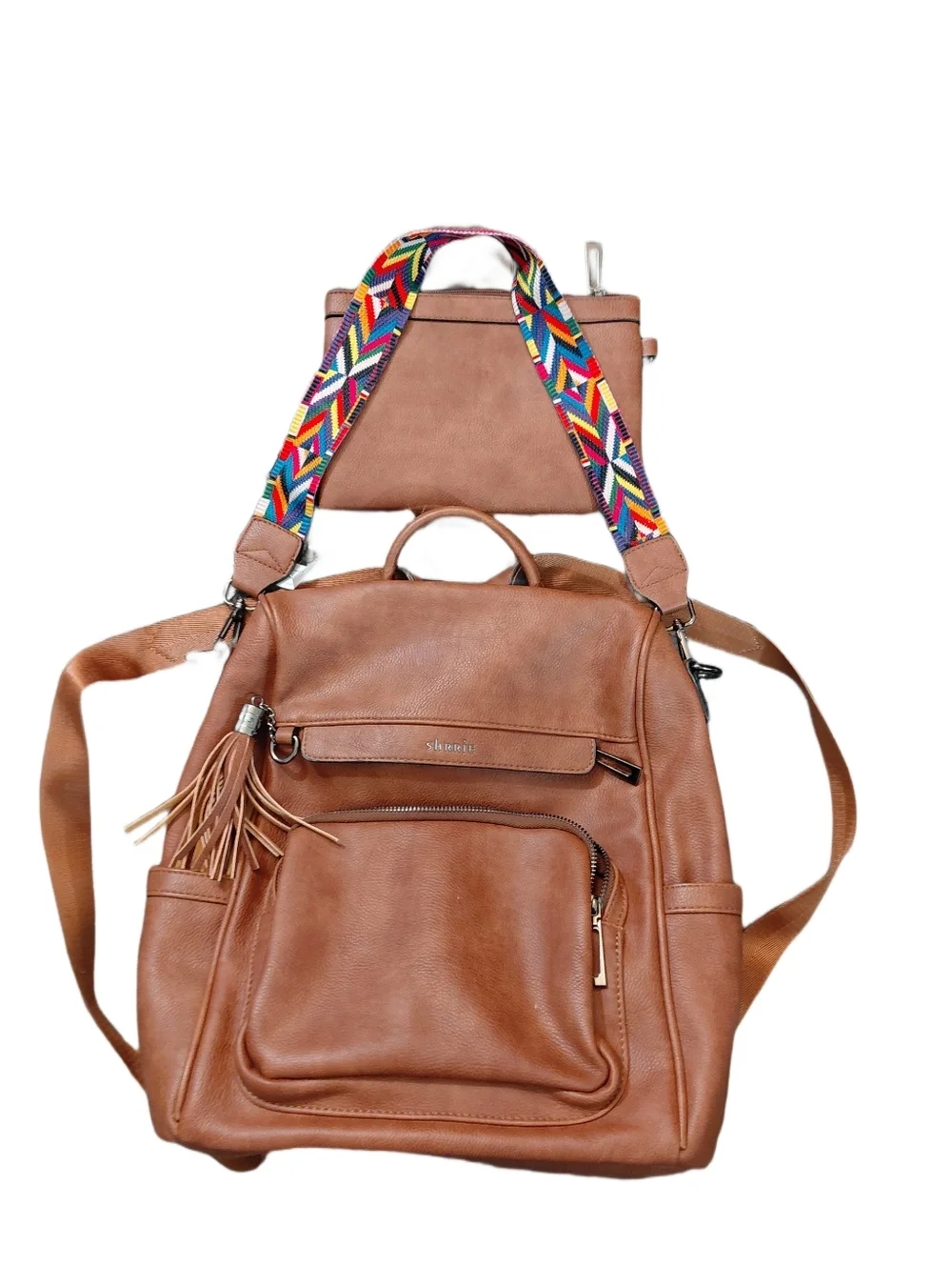 Brown Vegan Leather Backpack with Removable Pouch and Colorful Strap